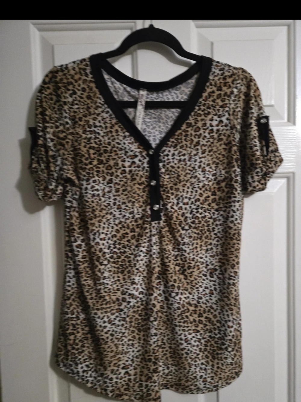 Leopard Print V-Neck Short Sleeve Top - Black Trim